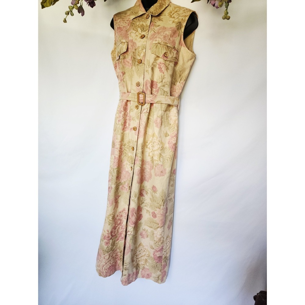 F.L. Malik Vintage Womens Size 8 Floral Button‎ Down Linen Cotton Dress USA Made